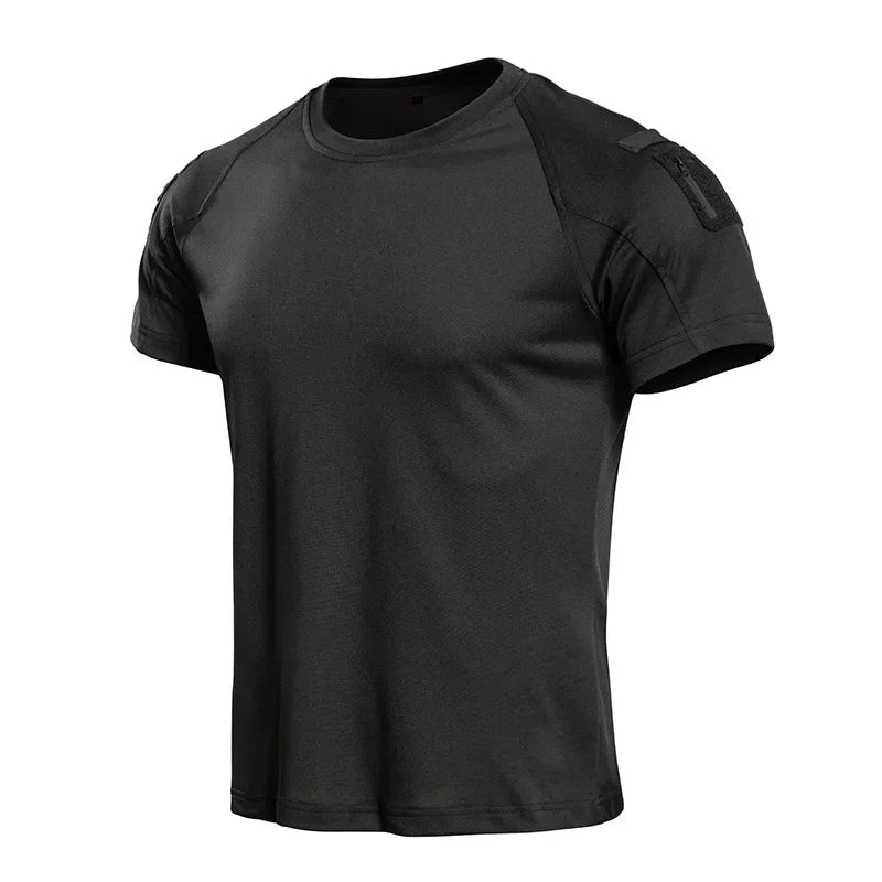 Men's Tactical T-Shirt Short Sleeve Quick Dry Breathable Lightweight Combat Tee with Shoulder Zip Pocket for Hiking Camping Tops