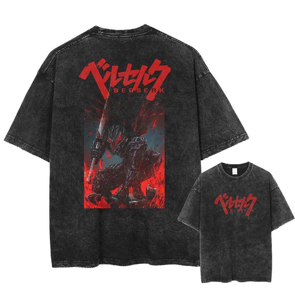 Anime Berserk Guts Printed Washed T-shirt Men Manga Street Tshirts Washed Cotton Harajuku Male Vintage Gothic Tops T Shirt