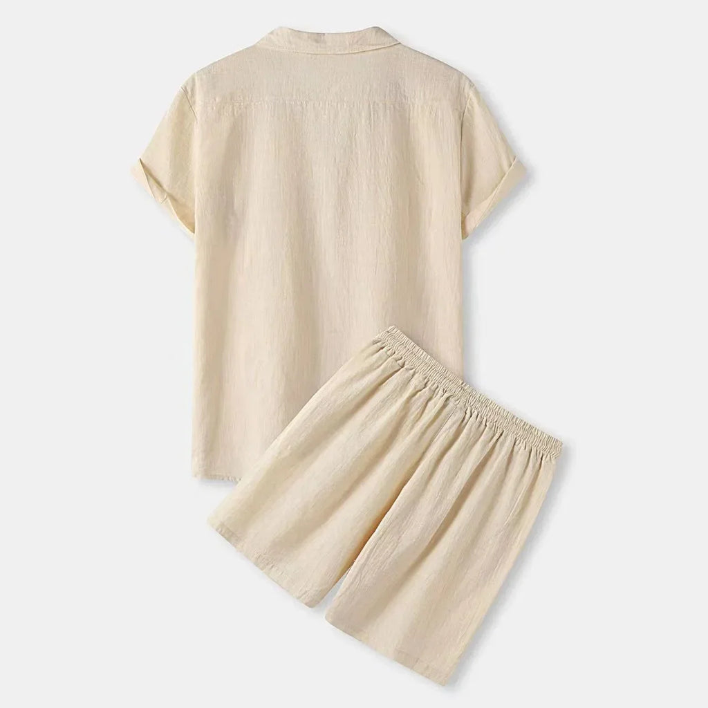 Summer Solid Cotton and Linen Suit Men'SSolid Color Fashion Lapel Short-sleeved Shirt Shorts Two-Piece Set S-3xl