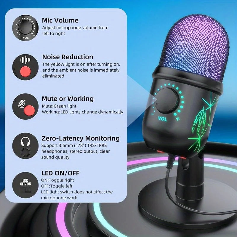 USB Microphone Play Gaming Mic for PC Mac PS4/5 Podcast Microphone with RGB Mute Monitor Noise Reduction for Recording Streaming