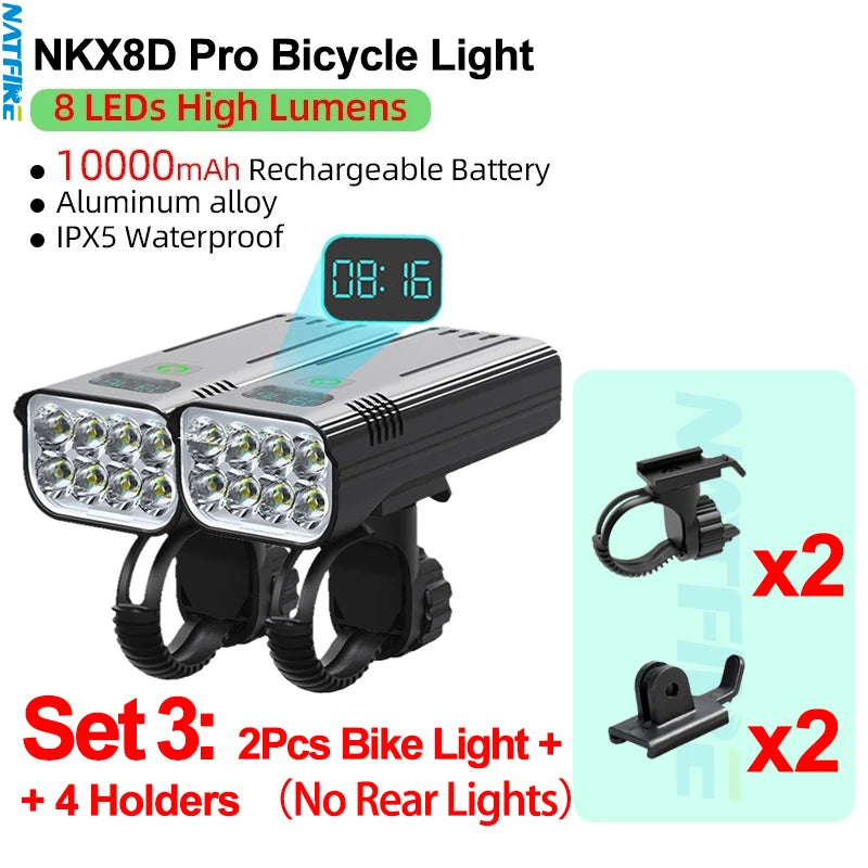 Upgrade 8-6 LED Bicycle Light Powerful Bike Headlight 10000mAh USB Rechargeable as Power Bank Front and Rear Lights Set Optional
