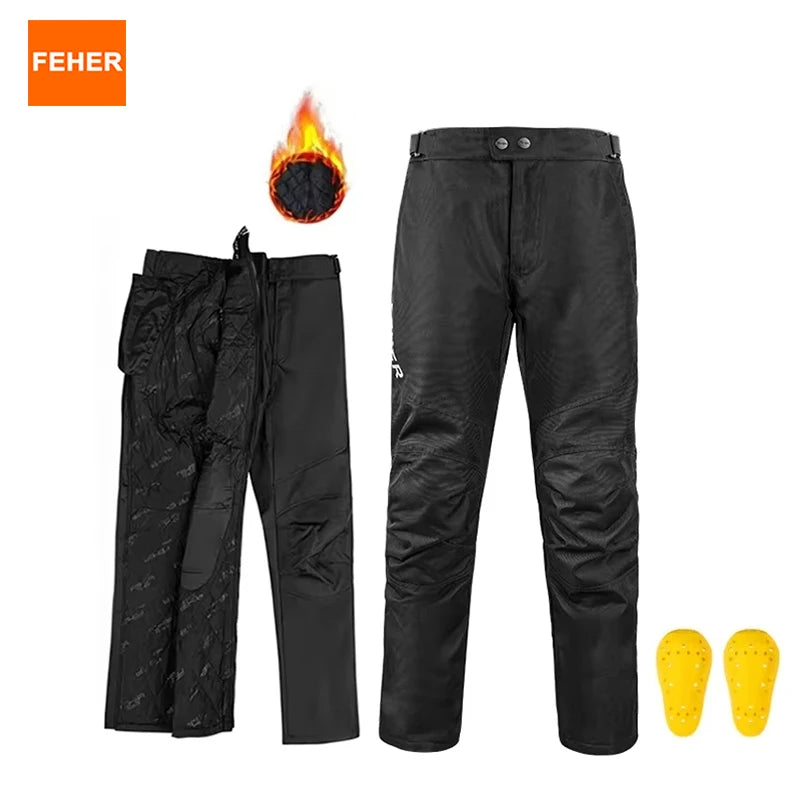 FEHER Motorcycle Pants Winter Waterproof Quick-release Thermal Motorbike Trousers Unisex Built-in Removable CE Protective Gear