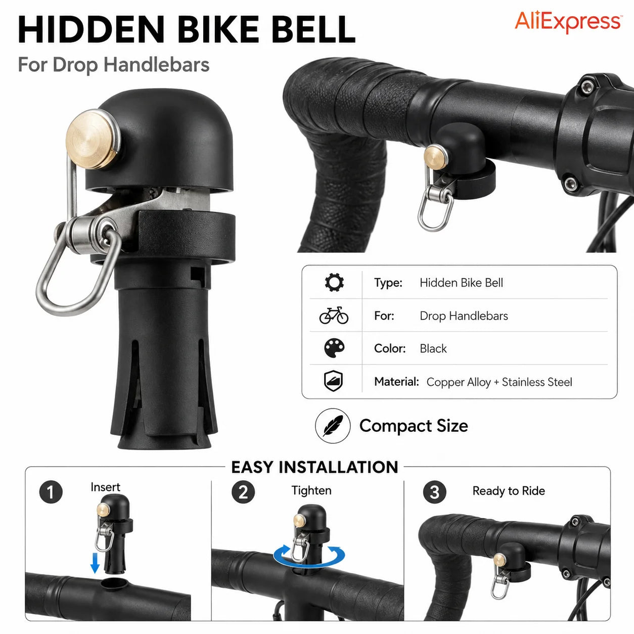 Hidden Road Bike Bell, 80dB Light-Touch Bell for Drop Handlebars, Compact Copper Alloy & Stainless Steel, Easy Install, Black