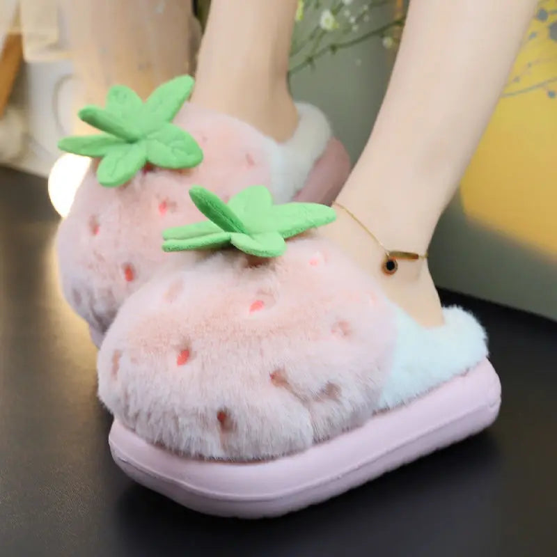 New fuzzy house slippers woman sweet furry cat designer mary janes shoes for women thick sole home slipper floor shoes bedroom