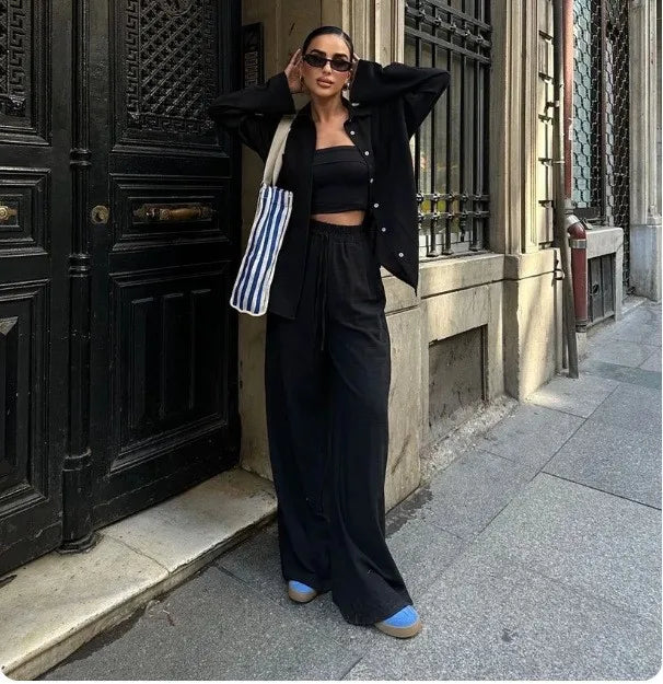 Spring Autumn Cotton Linen Long Sleeved shirt + Long Pants Two-piece Set Women Casual V-neck Shirt Drawstring Wide leg Pant Suit