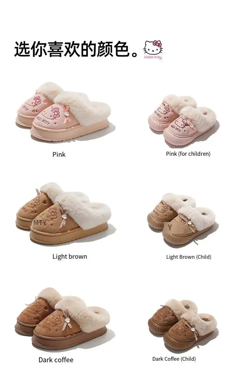 Cartoon Sanrio Hello Kitty Thick Sole Plush Cotton Slippers Anime Women's Winter Warm New Anti-Slip Wear-Resistant Home Shoes