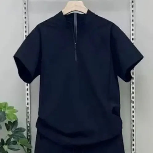 New Men 2 Piece Set Half Zip Stand Collar Loose Quick Dry Breathable Short Sleeve T Shirt Sports Pants Casual Tracksuit