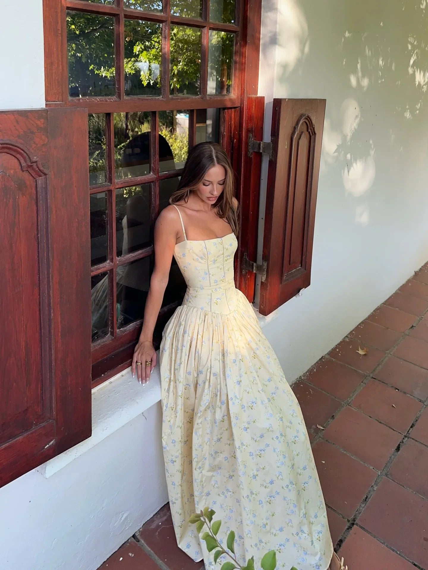 Oligai Summer Floral Print Spaghetti Strap Midi Dress Women Party Dress Elegant Vintage Holiday Beach Wear Dress