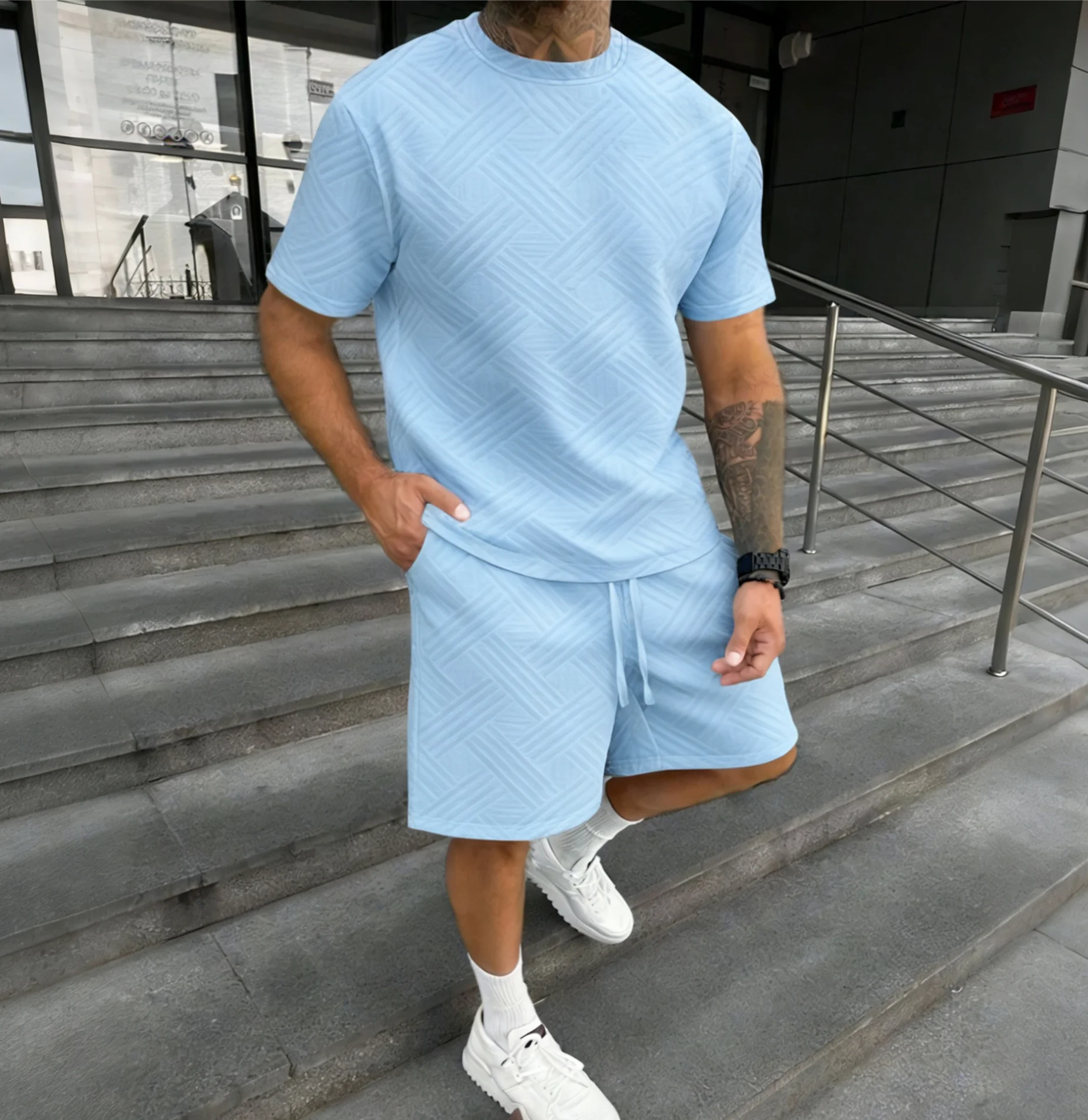 2026 Men's Summer Beige Geometric Textured 2 Piece Set Crew Neck Short Sleeve T-Shirt & Drawstring Shorts Tracksuit