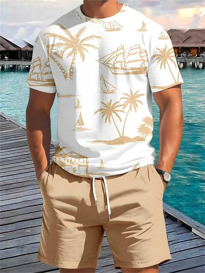 2025 Summer New Men's Short Sleeve Palm Tree Print T Shirt Fashion Men's Vacation Beach Casual Shirts Graphic Tee Summer Tops