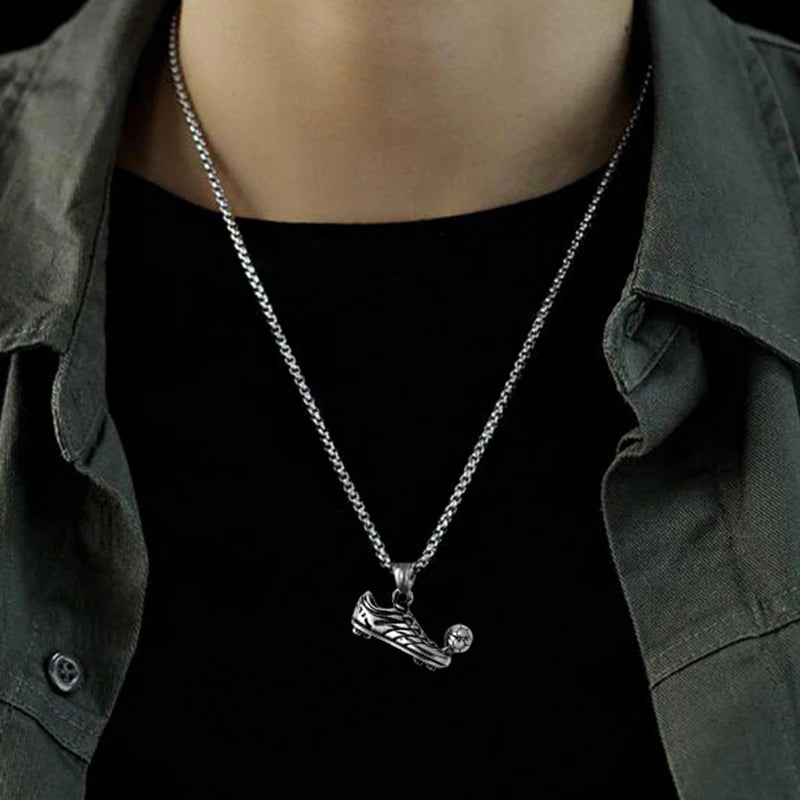 Football Shoe Pendant Necklace Male Vintage Silver Color Hip Hop Punk Sports Style Stainless Steel Chain Fashion Man Jewelry