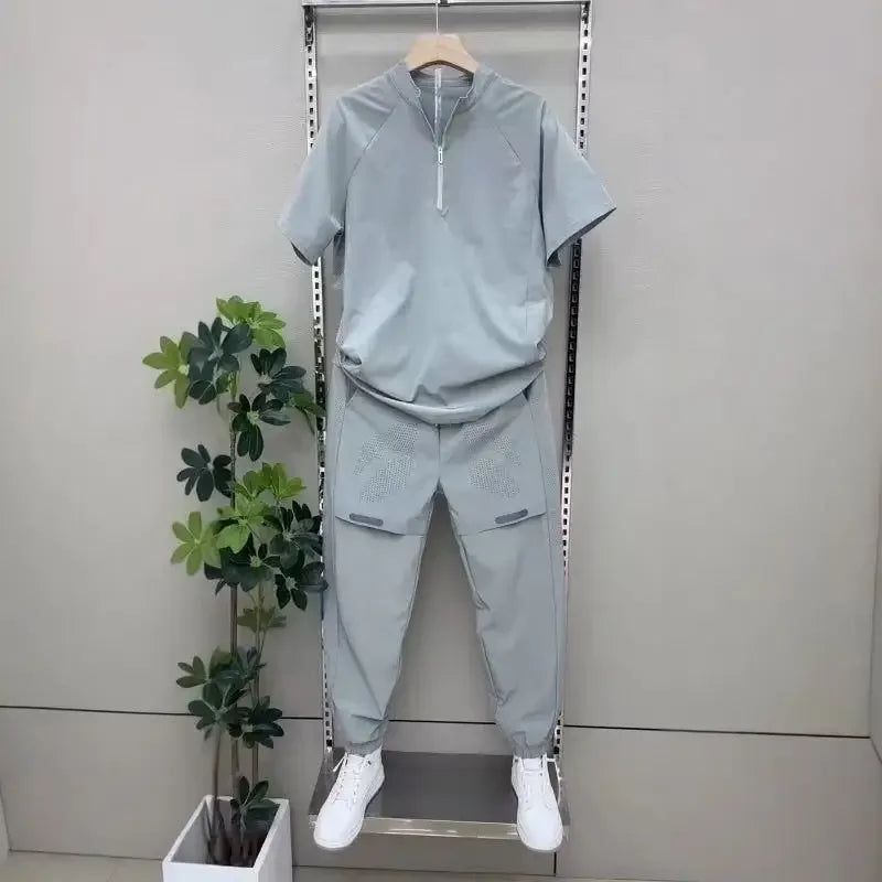 New Men 2 Piece Set Half Zip Stand Collar Loose Quick Dry Breathable Short Sleeve T Shirt Sports Pants Casual Tracksuit
