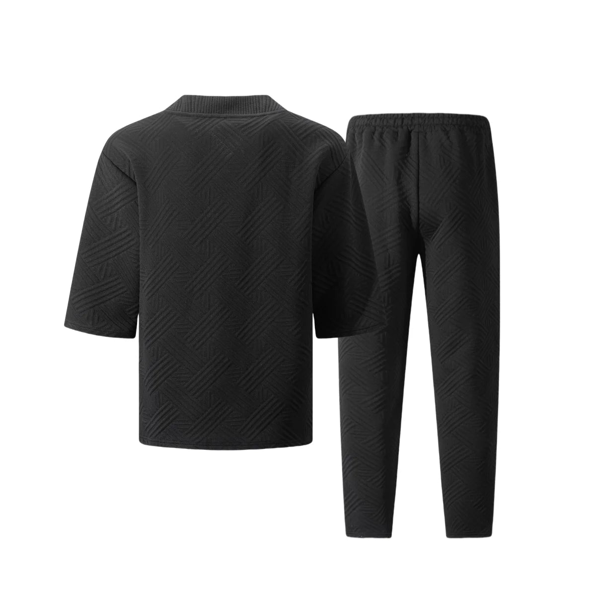 2026 Men's Spring Autumn Geometric Textured 2 Piece Set V-Neck Short Sleeve Top & Drawstring Pants Tracksuit