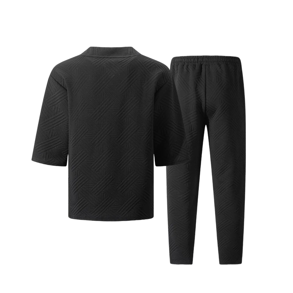2026 Men's Spring Autumn Geometric Textured 2 Piece Set V-Neck Short Sleeve Top & Drawstring Pants Tracksuit