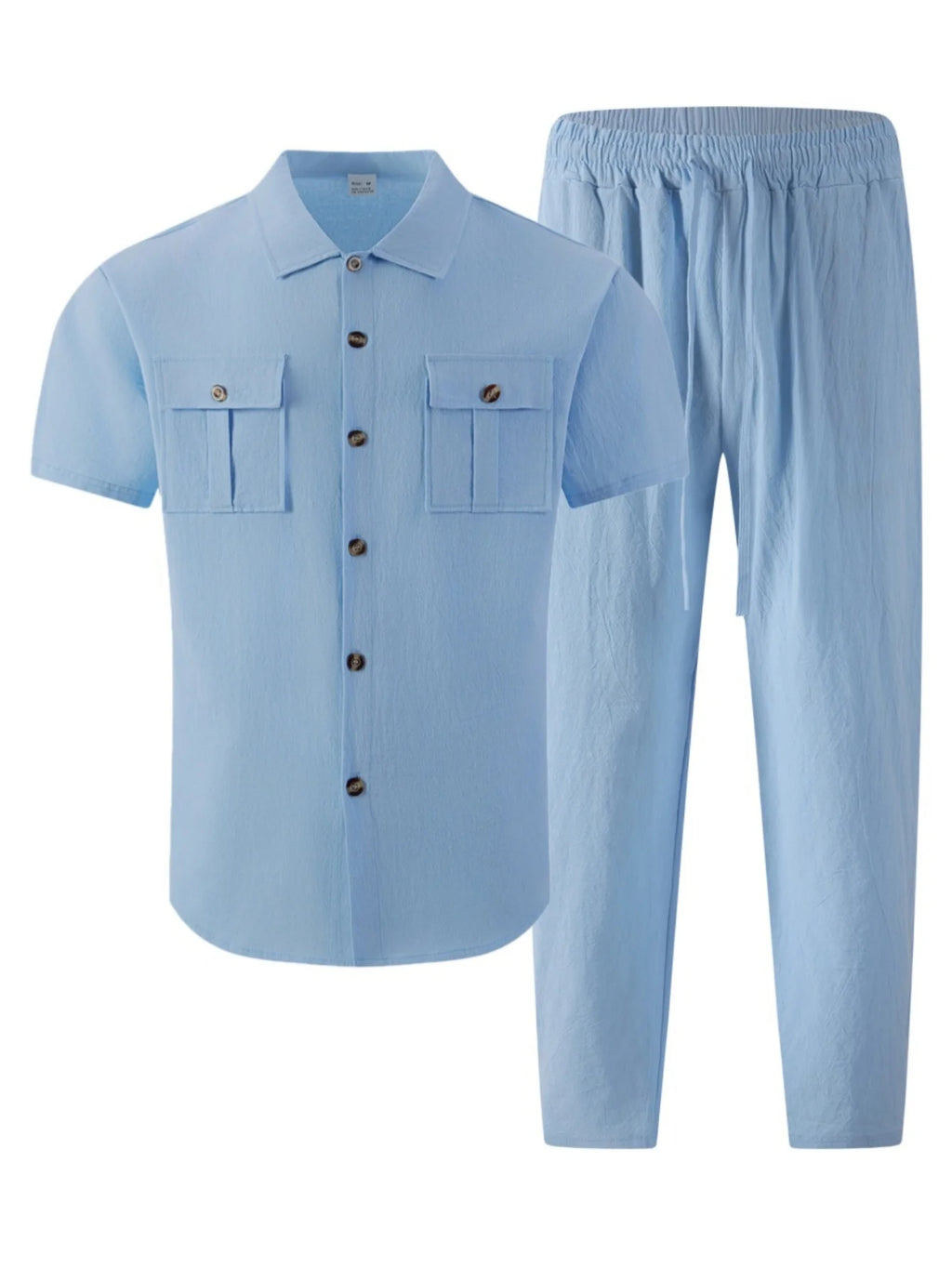 Men's Cotton Linen Short Sleeve Shirt & Pants Set Turn-Down Collar Double Pocket Casual Streetwear