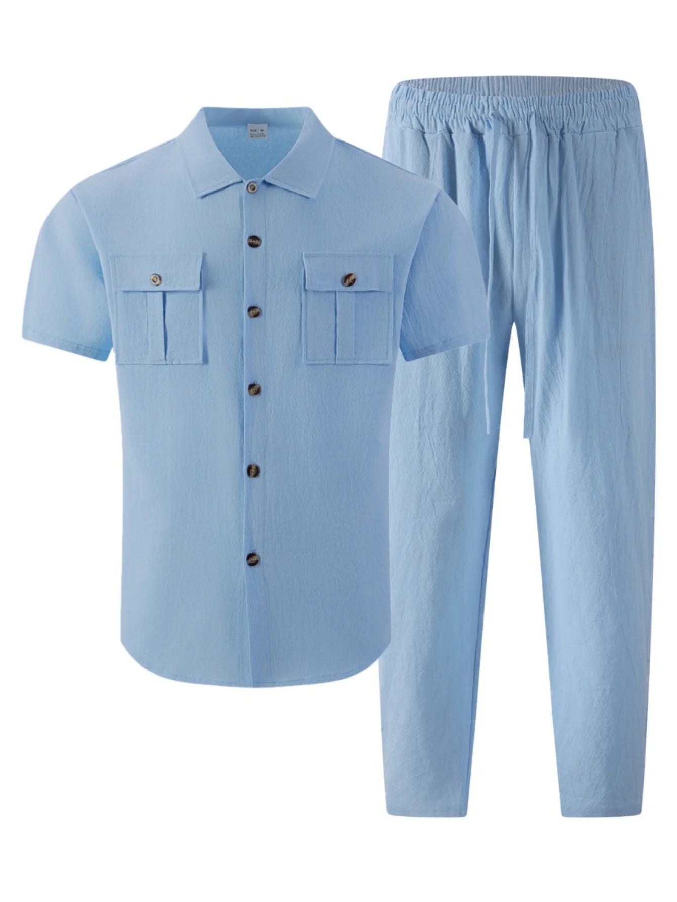 Men's Cotton Linen Short Sleeve Shirt & Pants Set Turn-Down Collar Double Pocket Casual Streetwear