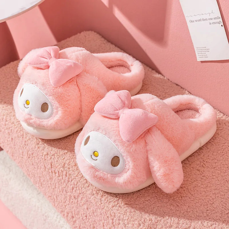 Sanrio Plush Slippers Women My Melody Kawaii Anime Cinnamoroll Cotton Shoes Flat Autumn Winter Keep Warm Non-Slip Cute Girl Gift