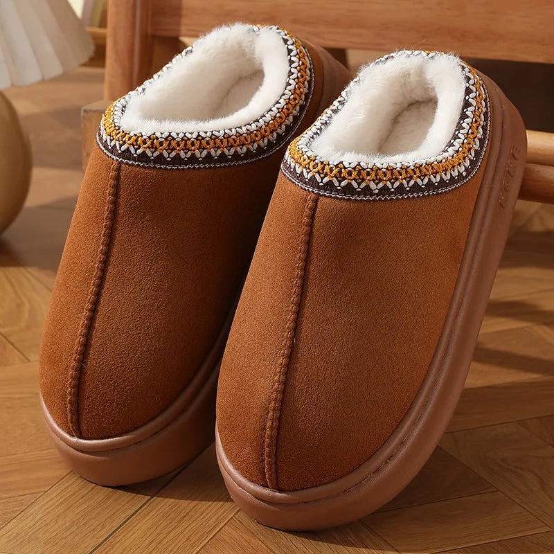 Comfort Thick Bottom Cotton Slippers Women 2025 Winter Warm Thick Plush Non Slip Furry Clogs Shoes Embroidery Suede Snow Boots