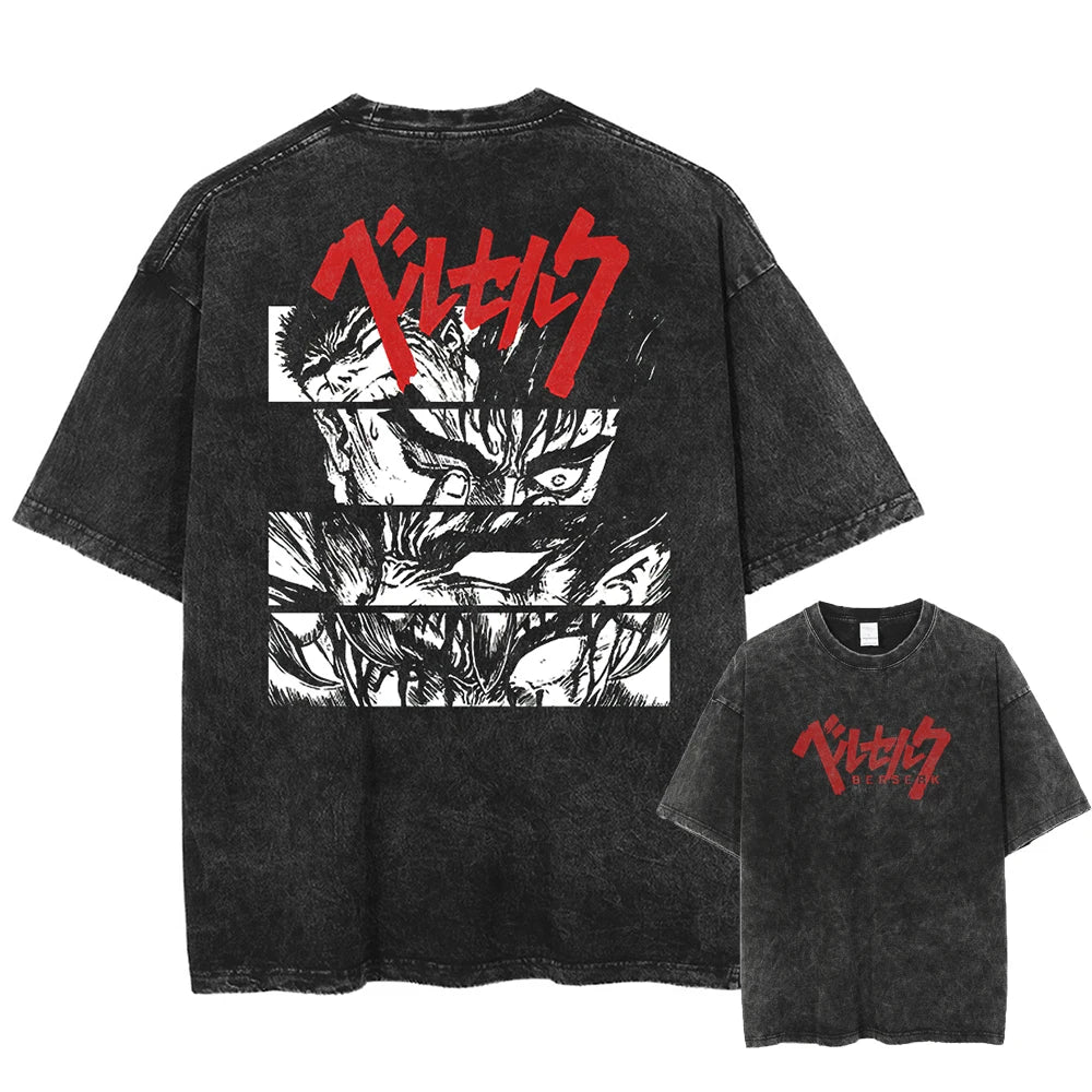 Anime Berserk Guts Printed Washed T-shirt Men Manga Street Tshirts Washed Cotton Harajuku Male Vintage Gothic Tops T Shirt