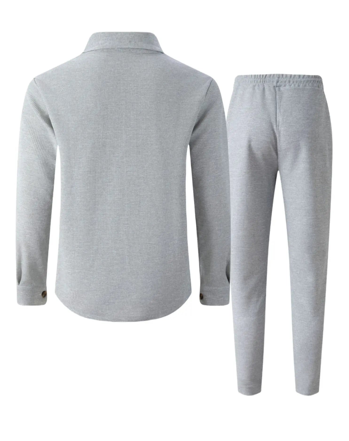Men's casual two-piece waffle texture suit (including button-down top and elastic waist pants) - fashionable street casual sport