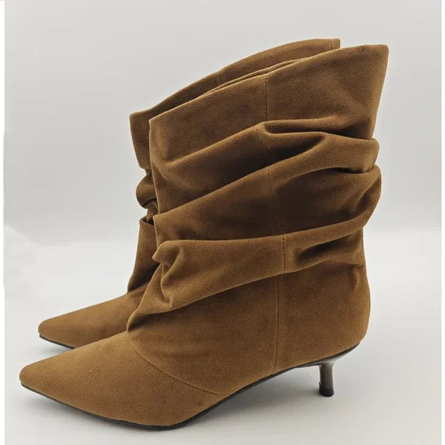 Aneikeh Winter Wrinkle Pointed Toe Ankle Boots Women Pleated Short Boots Female Retro Elegant Designer Femmes Botas De Mujer
