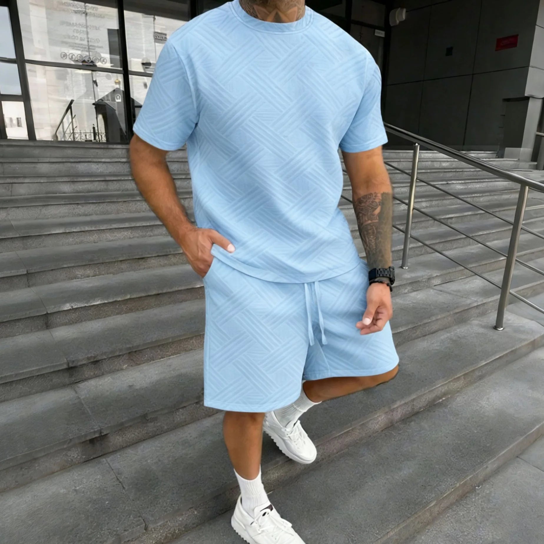 New men's summer jacquard short-sleeved shirt and short pants casual breathable T-shirt and short pants sports outfit streetwear