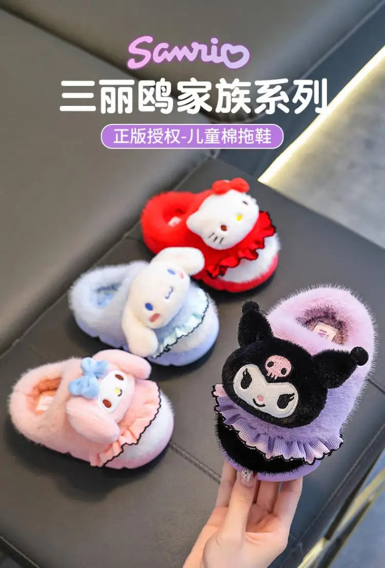 Sanrio Kawaii Girls Plush Slippers Cute Kuromi Hello Kitty My Melody Cartoon Student Winter Home Indoor Anti-Slip Warm Shoes