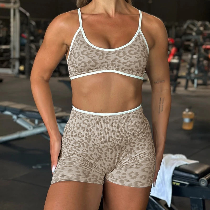 Seamless Leopard Yoga Set Women Sports Bra High Waist Shorts Scrunch Gym Fitness Workout Run Legging Activewear XP269