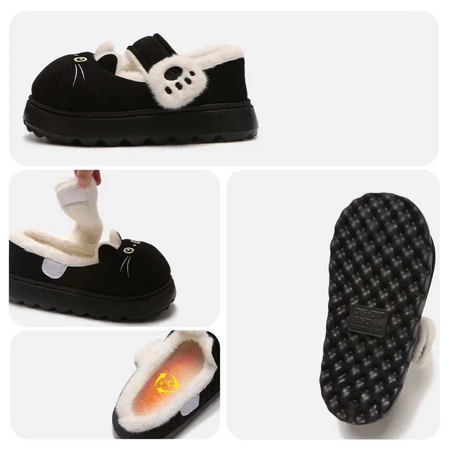 New fuzzy black cat shoes hook loop winter slippers for women indoor mary jane plush shoes mom shallow warm kitty slippers woman