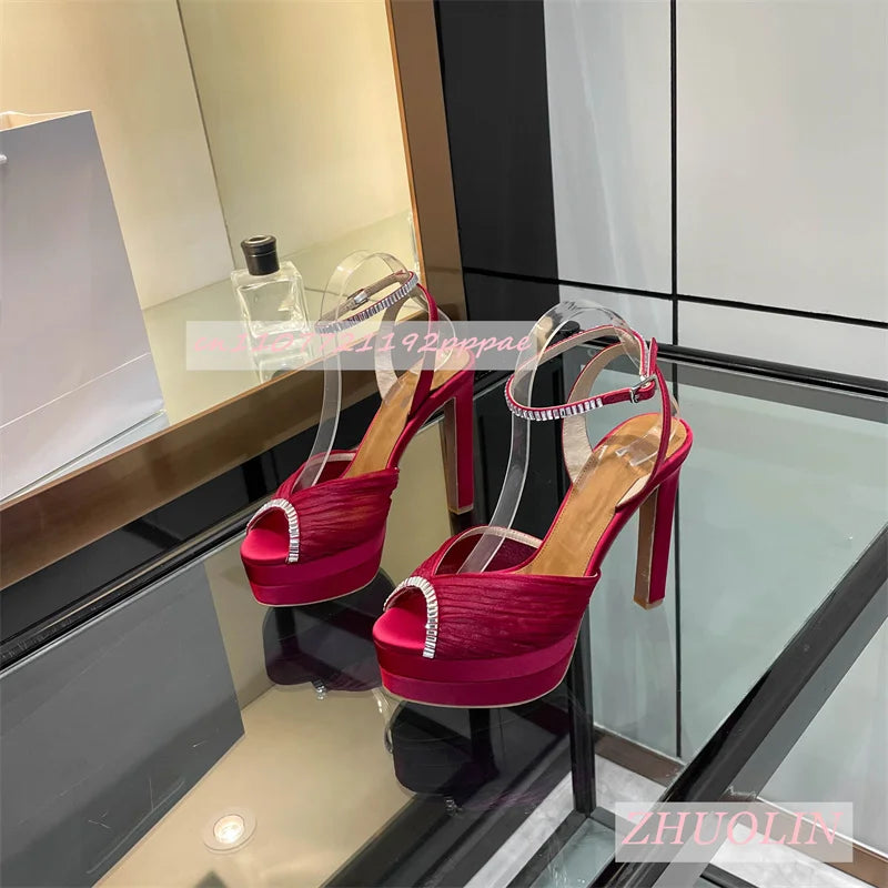 Women'S Satin Rhinestone Double-Layer Platform Shoes Open Toe Chunky Heel Buckle Strap High Heels Elegant Luxury Wedding Shoes
