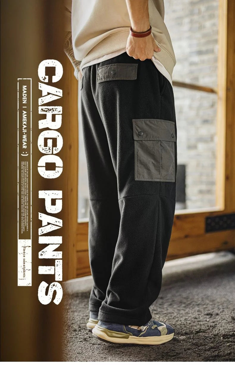 Maden Vintage Men's Brushed Fleece Sweatpants Black Cuffed Thermal Casual Pants Elastic Waist Multi-Pocket Trousers for Winter
