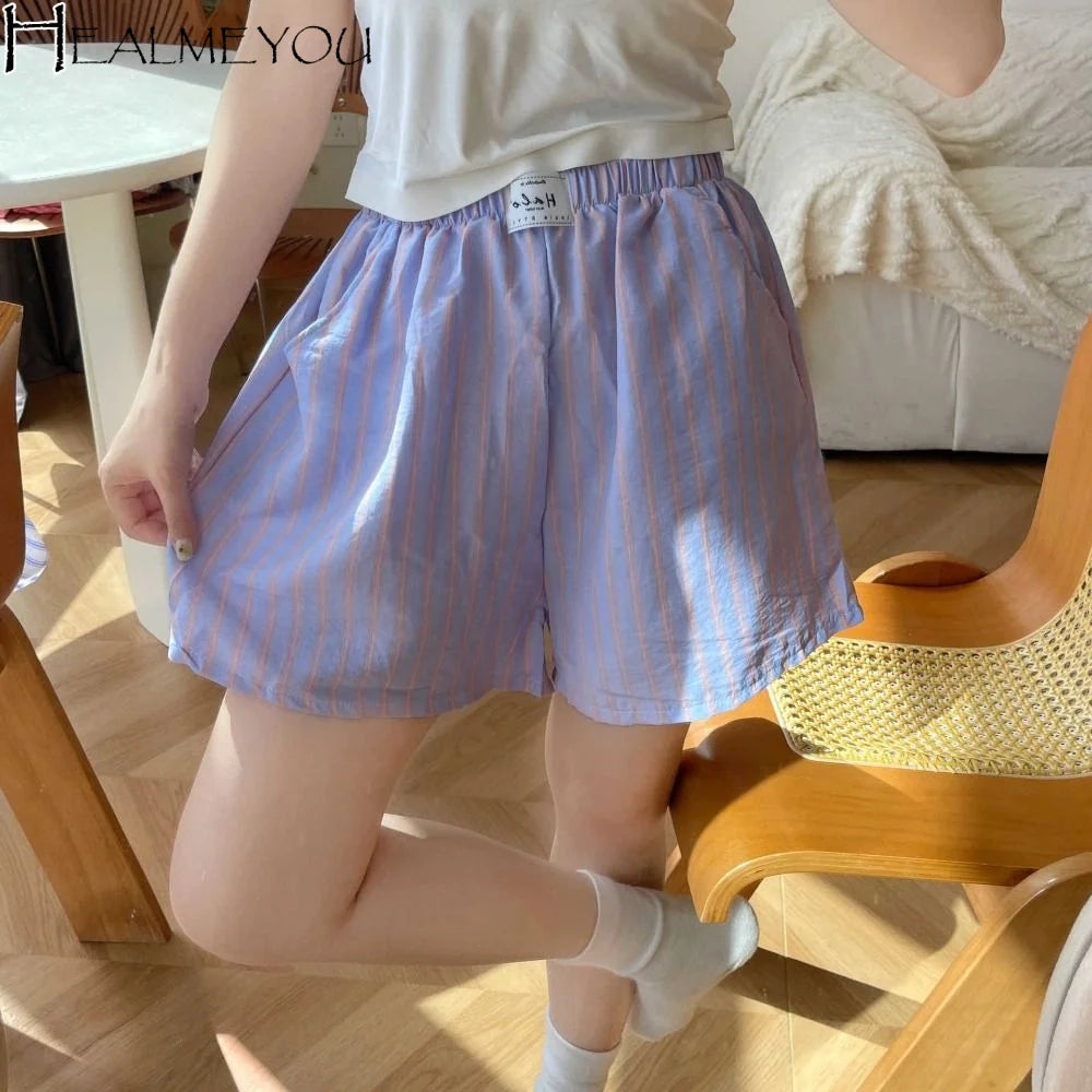 Comfortable Spring Summer Casual Shorts Women Chic High Waist Stripe Short Pants Baggy Elastic Waistband Thin Loose Shorts Women