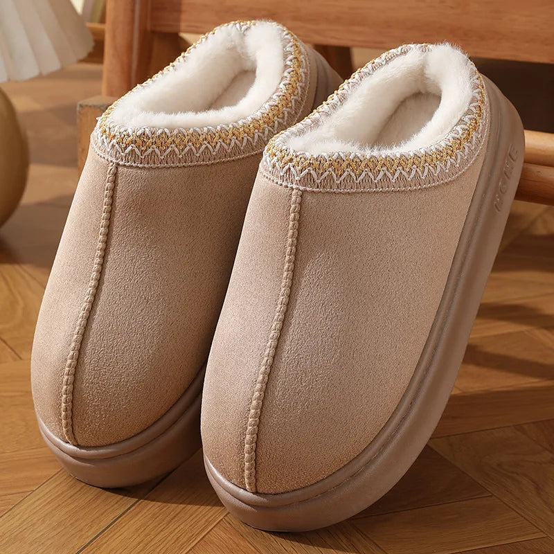 Comfort Thick Bottom Cotton Slippers Women 2025 Winter Warm Thick Plush Non Slip Furry Clogs Shoes Embroidery Suede Snow Boots