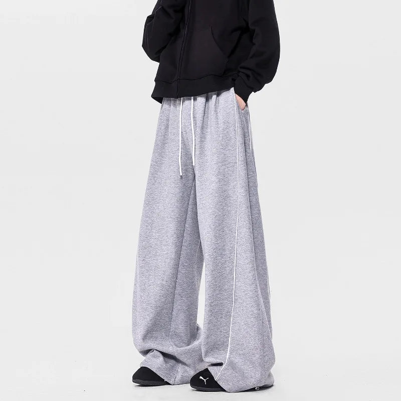 Men's Minimalist Oversized Wide Leg Sweatpants Contrast Stripe Drawstring Waist Streetwear Pants