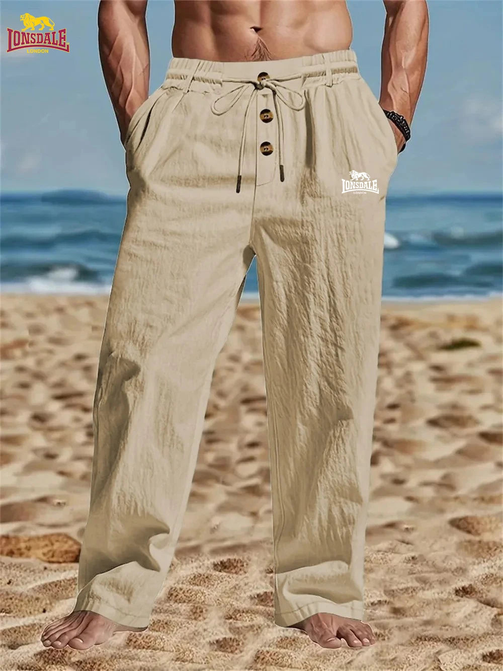 LONSDALE's new men's casual breathable cotton and linen pants, trendy street sport pants, loose straight beach and outdoor pants