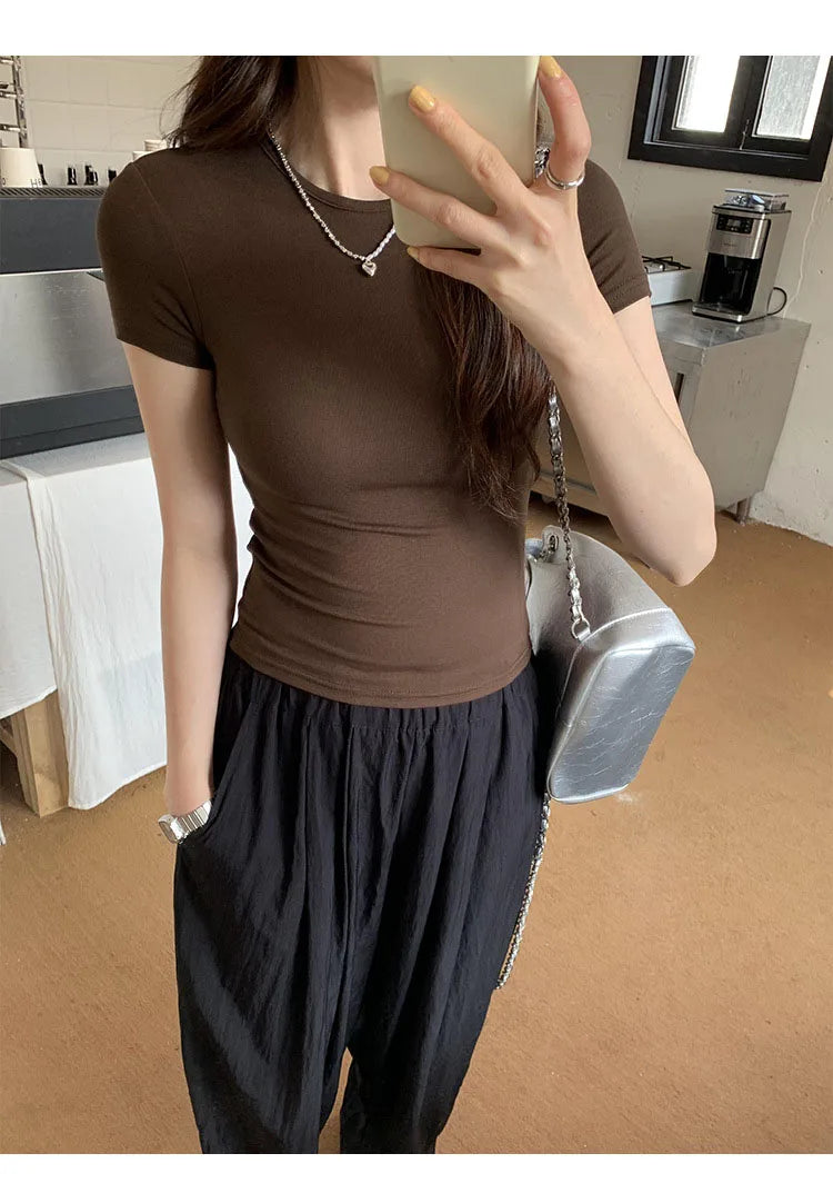 American style spicy girl shoulder T-shirt for women in summer 2025, tight fitting and slimming short top, basic elastic short s