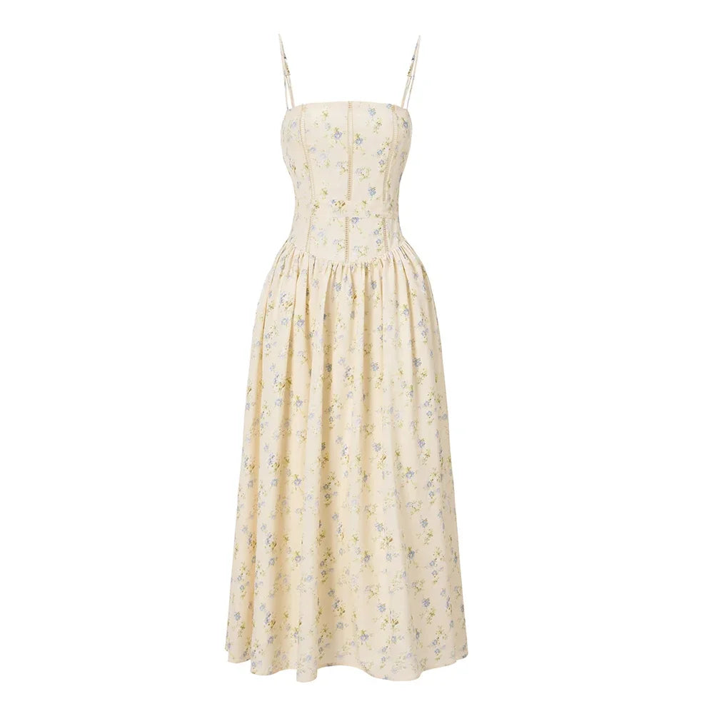 Oligai Summer Floral Print Spaghetti Strap Midi Dress Women Party Dress Elegant Vintage Holiday Beach Wear Dress