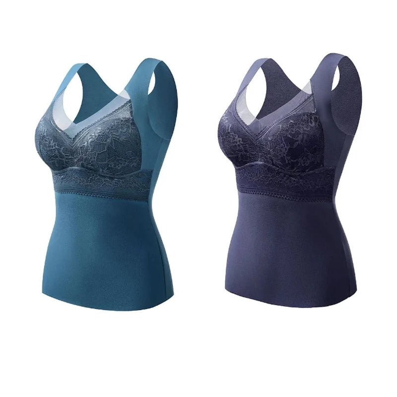 2pcs Woman Thermal Underwear Thermo Lingerie Winter Soft Warm Top Wear Thermo Vest  Undershirt Intimate Lace with Bra Padded