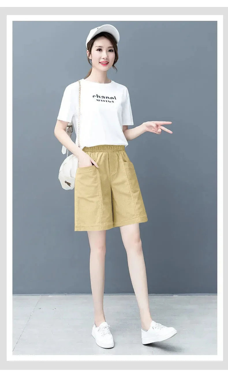 Summer Casual Loose High Waist Slimming Cotton Wide Leg Five-Quarter Length Women's Shorts Versatile Workwear Style Shorts