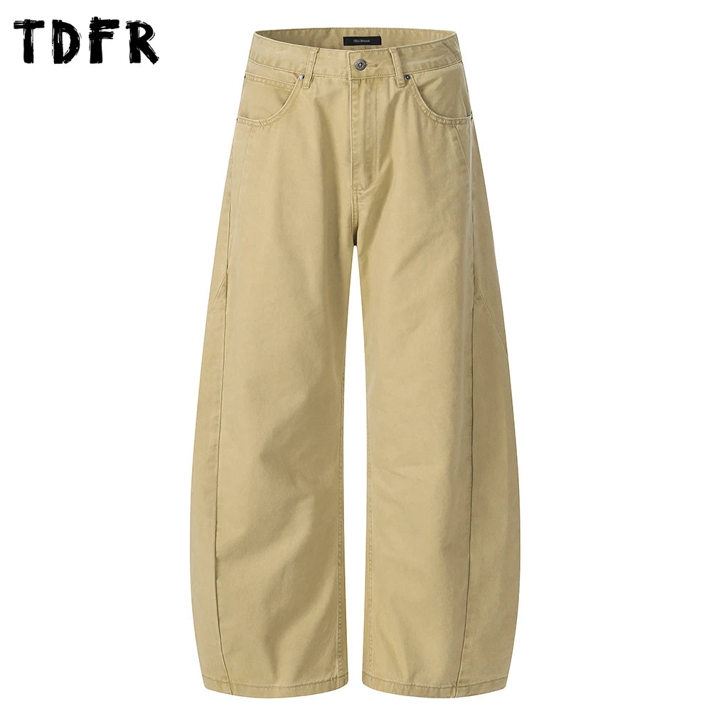 Pocket Embroidery Banana Jeans Mens Solid Color Washed Distressed Retro Casual Baggy Wide Leg Denim Trousers Man