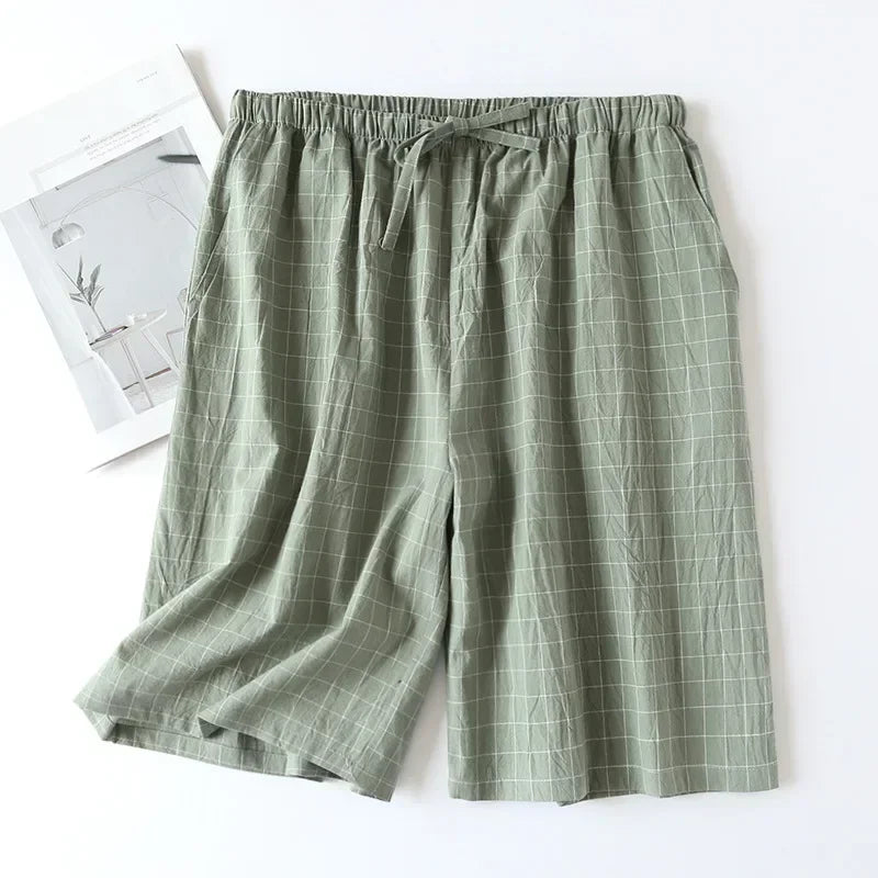 New 2026 Men's Sleepwear Pajama Shorts Plaid Design 100% Cotton Casual Loose Double-layer Homewear Sleep Bottoms Male Home Pants
