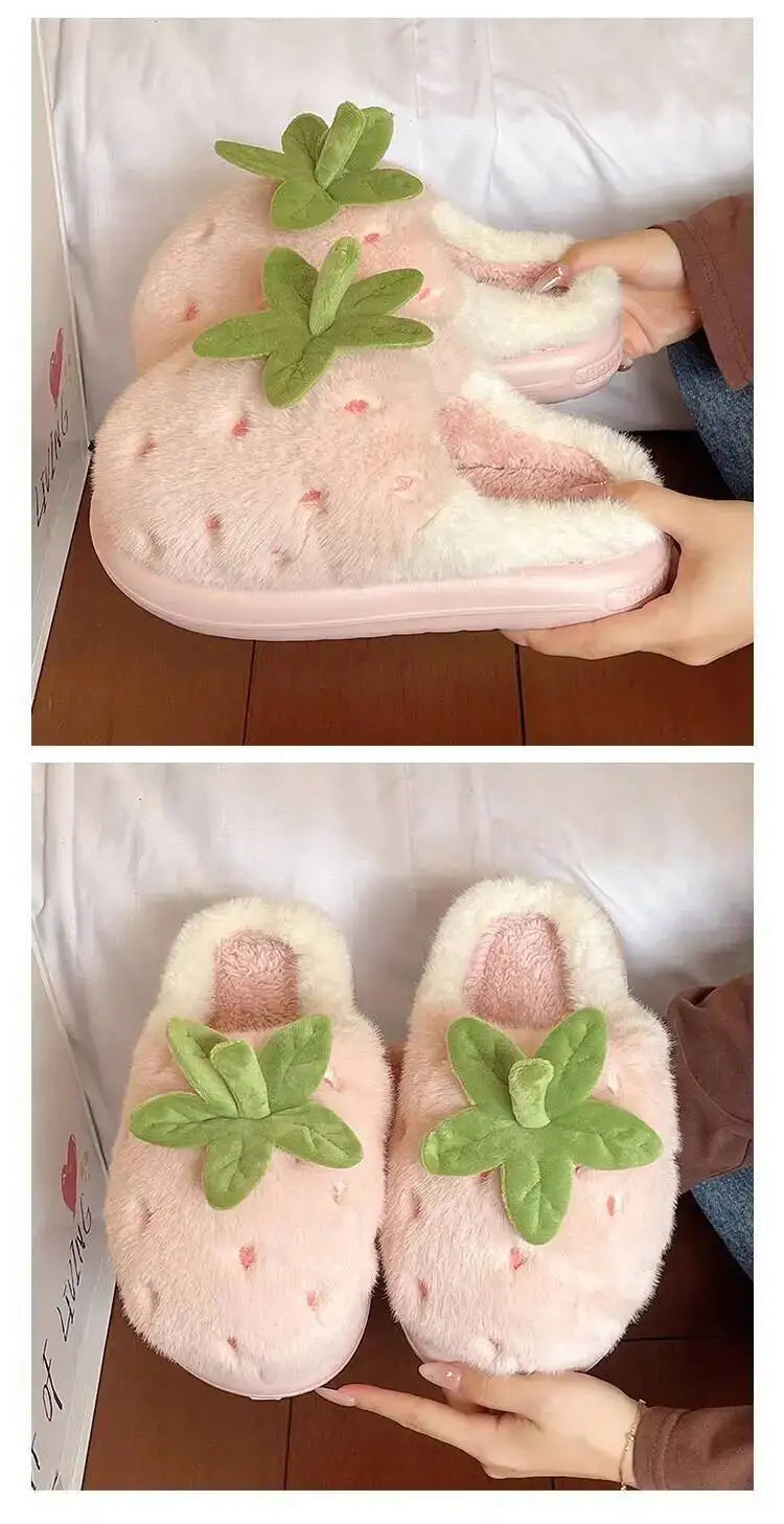 Winter Women's Furry Cotton Home Slippers Cute Strawberry Design Warm Thick Soled Anti Slip Indoor Household Outdoor Wearable