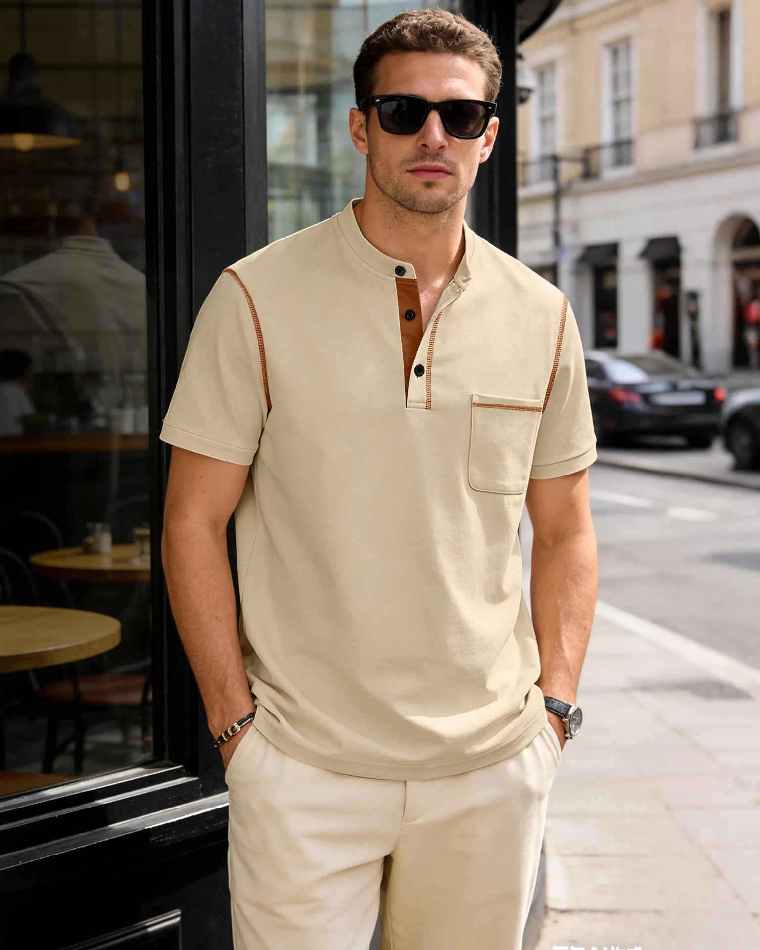 Summer men's fashionable Henry collar half-button short-sleeved moisture-wicking breathable casual American stretch T-shirt top