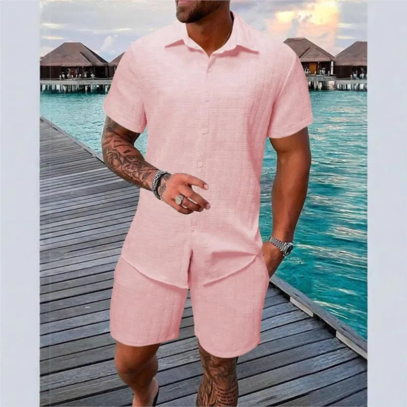 Summer Solid color Cotton linen Men's Shirt Set Fashion lapel Jacquard Short-sleeved Shirt Shorts 2 Piece Set Men's Shorts Suit