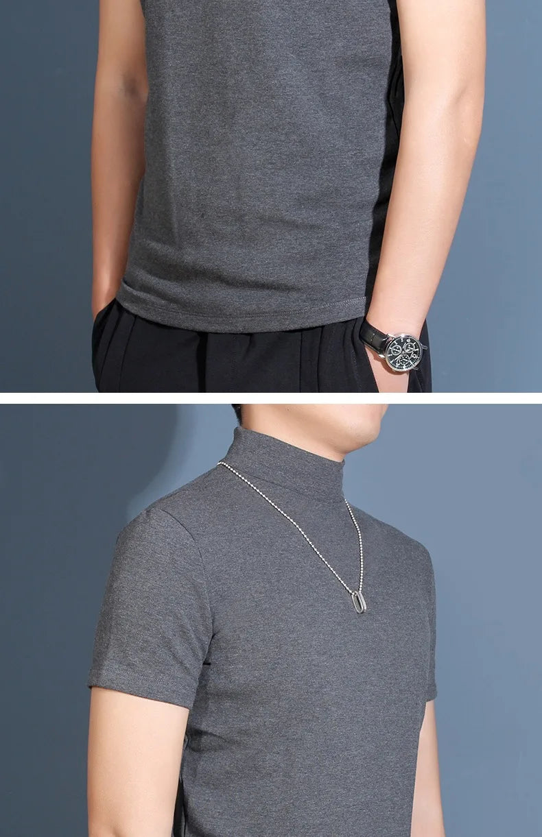1pcs Thin New Men Half High Collar T shirts Short-sleeve Tee Fitness Joggers Bodybuilding Quick Dry tshirt Male Gym Clothes Tops