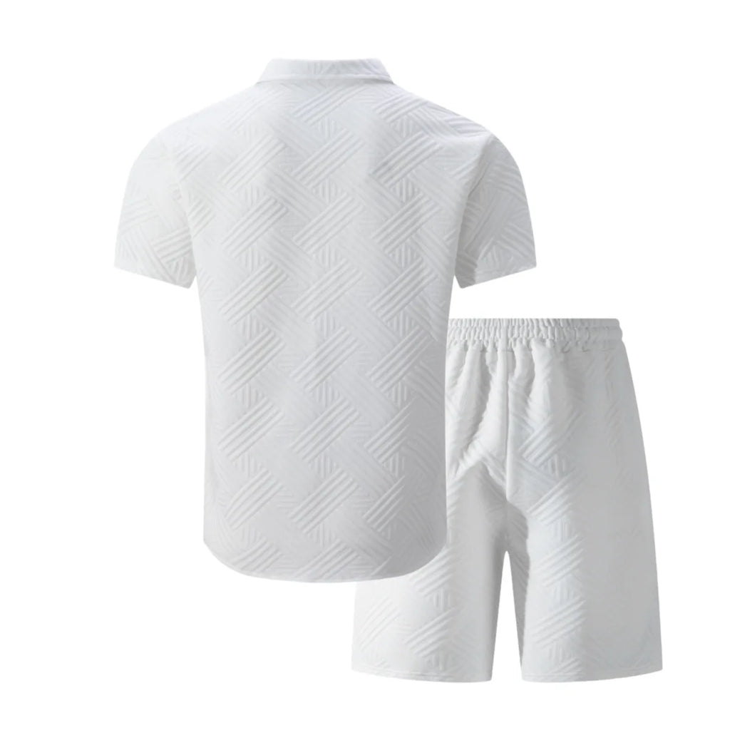 2026 Spring Summer Men Hot Sale Waffle Knit Solid Color Jacquard Lapel Cardigan Short Sleeve Shirt Shorts Casual 2 Piece Set