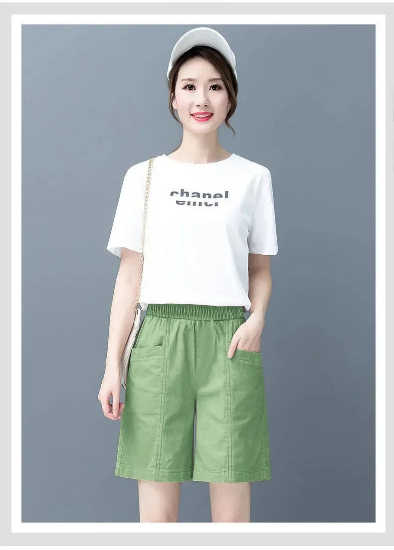 Summer Casual Loose High Waist Slimming Cotton Wide Leg Five-Quarter Length Women's Shorts Versatile Workwear Style Shorts