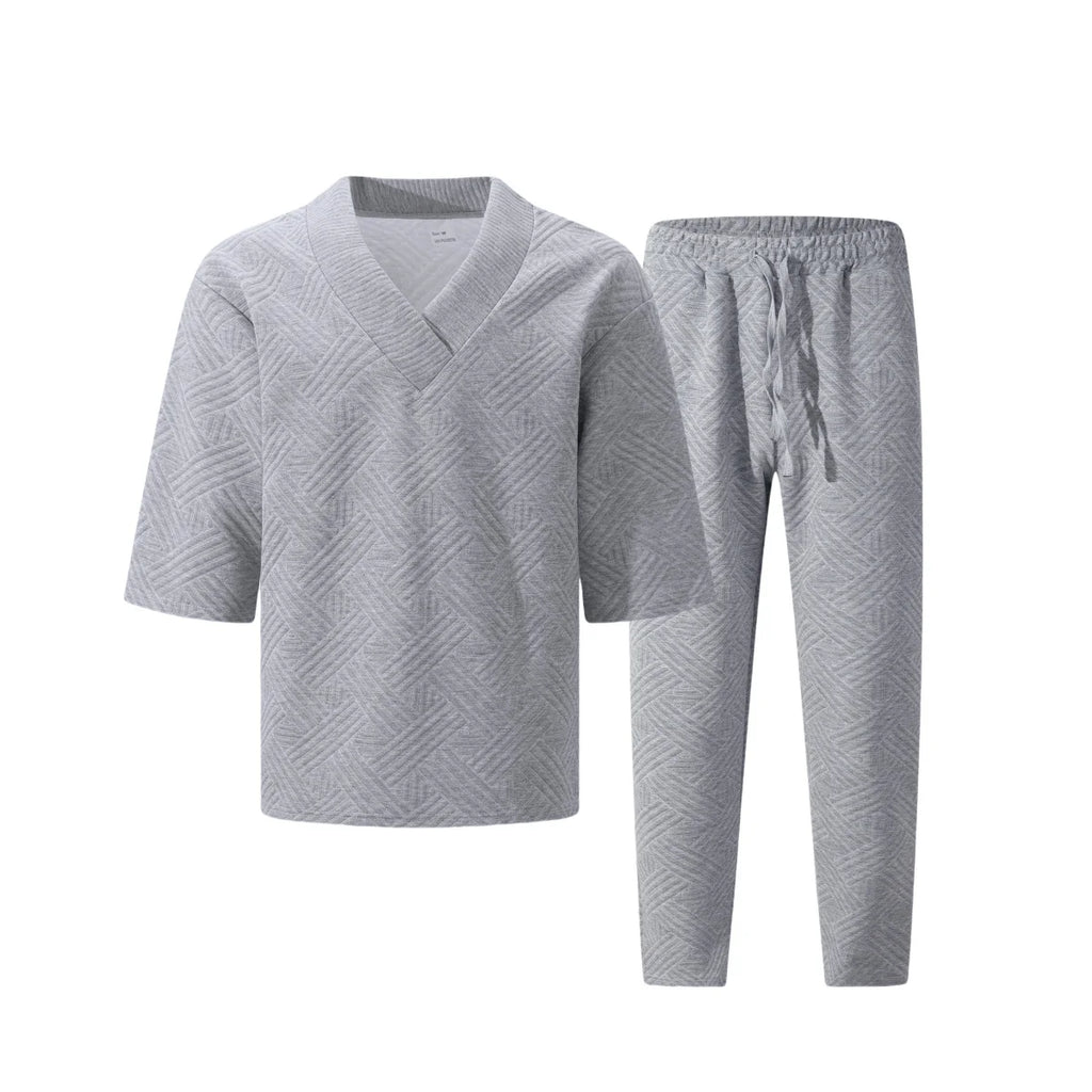 2026 Men's Spring Autumn Geometric Textured 2 Piece Set V-Neck Short Sleeve Top & Drawstring Pants Tracksuit