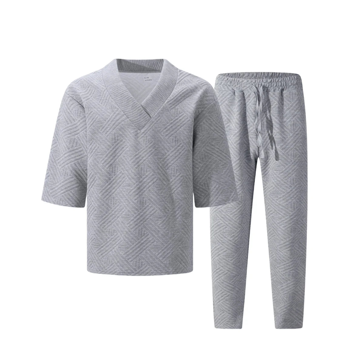 2026 Men's Spring Autumn Geometric Textured 2 Piece Set V-Neck Short Sleeve Top & Drawstring Pants Tracksuit