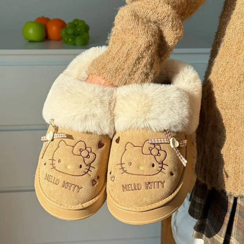 Cartoon Sanrio Hello Kitty Thick Sole Plush Cotton Slippers Anime Women's Winter Warm New Anti-Slip Wear-Resistant Home Shoes